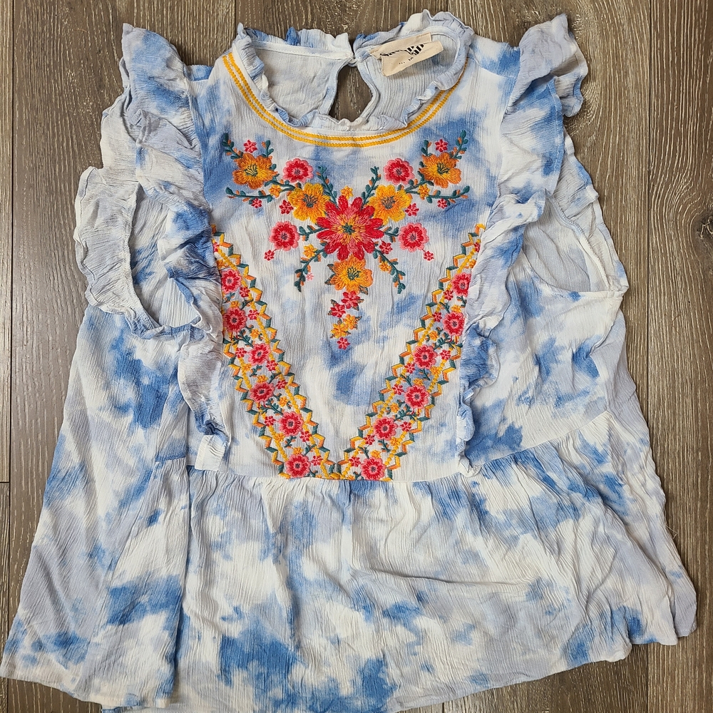 Savanna Jane Blue and White tie dye embroidered floral flutter sleeve tank sz 1x